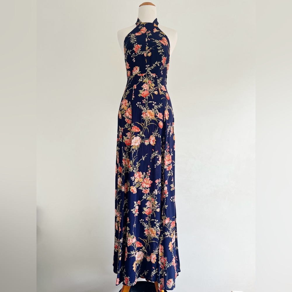 Reformation floral maxi dress gown halter tie neck xsmall navy blue pink